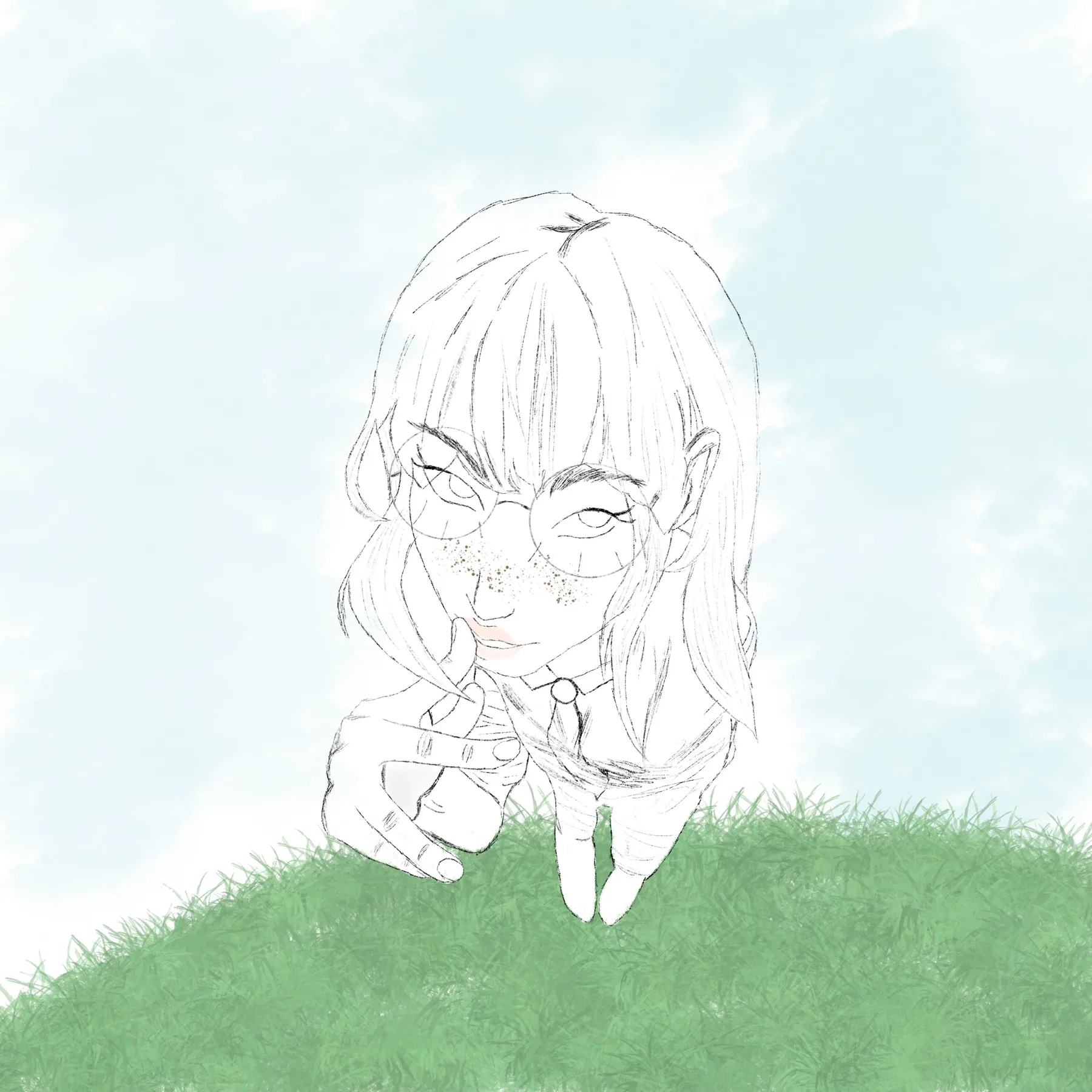 Pencil-style line drawing of a freckled figure in round glasses resting their chin on their hands, over a painted green hill and pale sky.