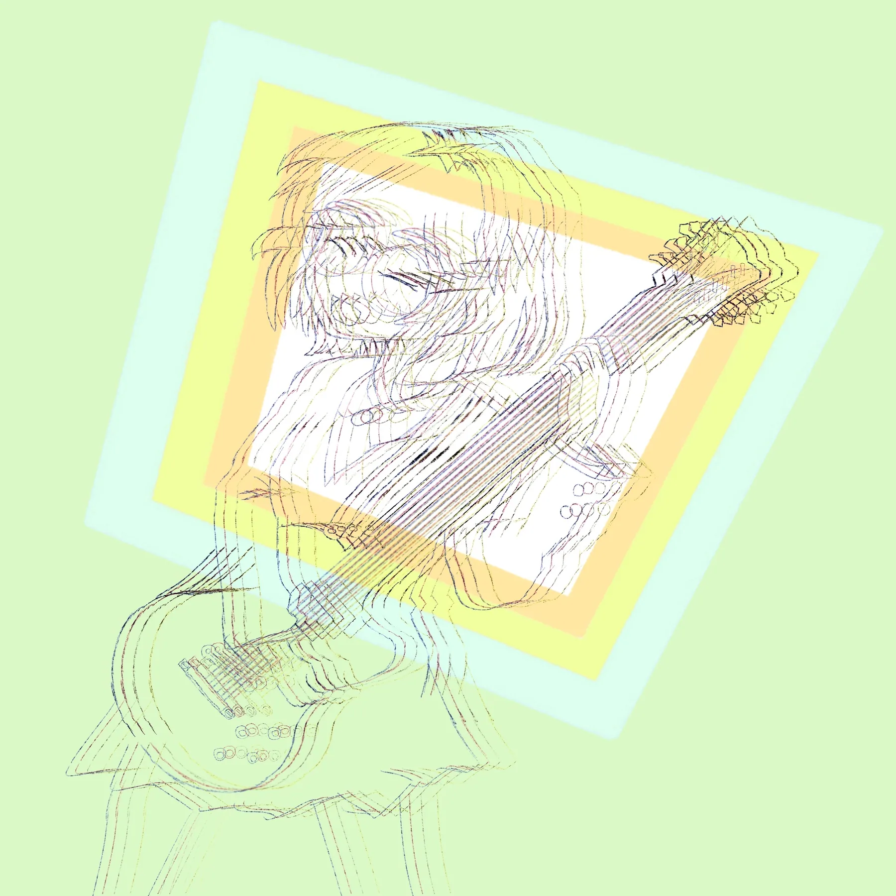 Loose multicolored line drawing of a figure playing an acoustic guitar, doubled and offset over stacked pale green, yellow and white rectangles.