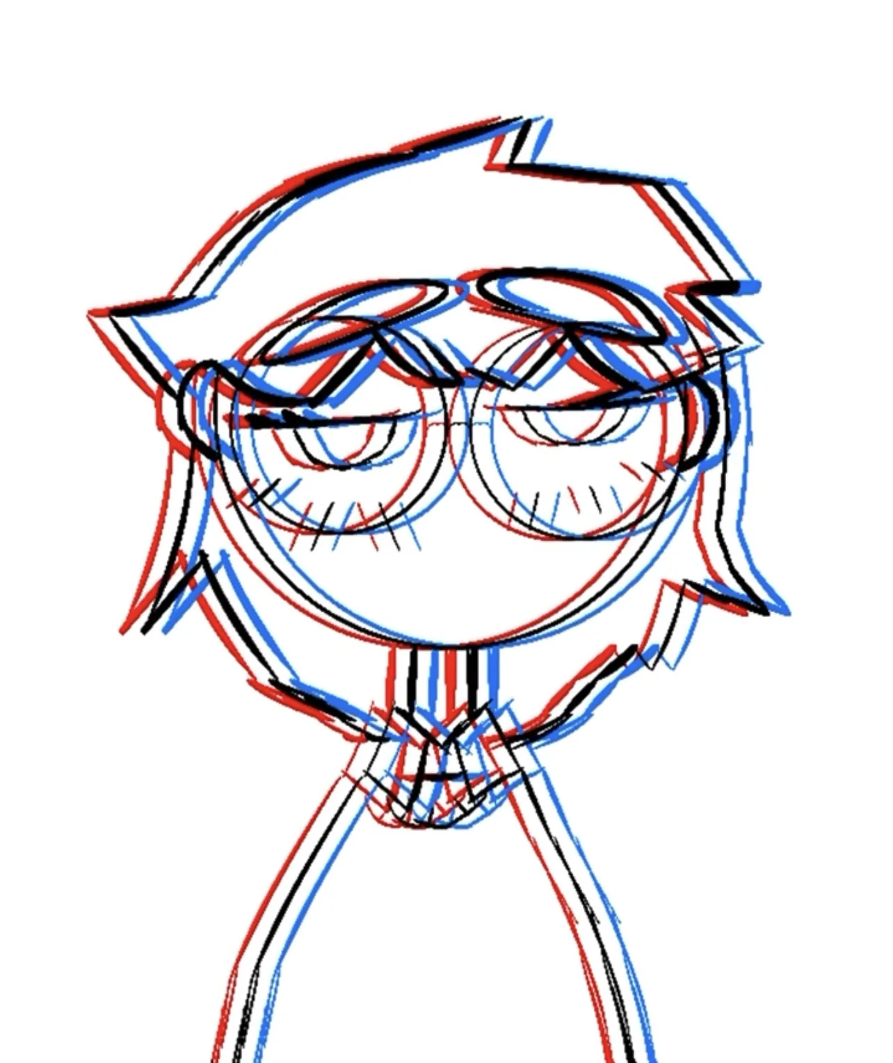 Line drawing of a bespectacled figure with bobbed hair resting their chin on clasped hands, the linework tripled and offset in red, black and blue.