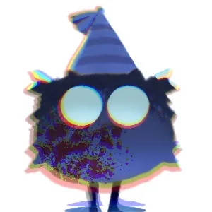 A tiny scruffy blue creature with two big pale eyes and a striped party hat, drawn at small scale with heavy color fringing.