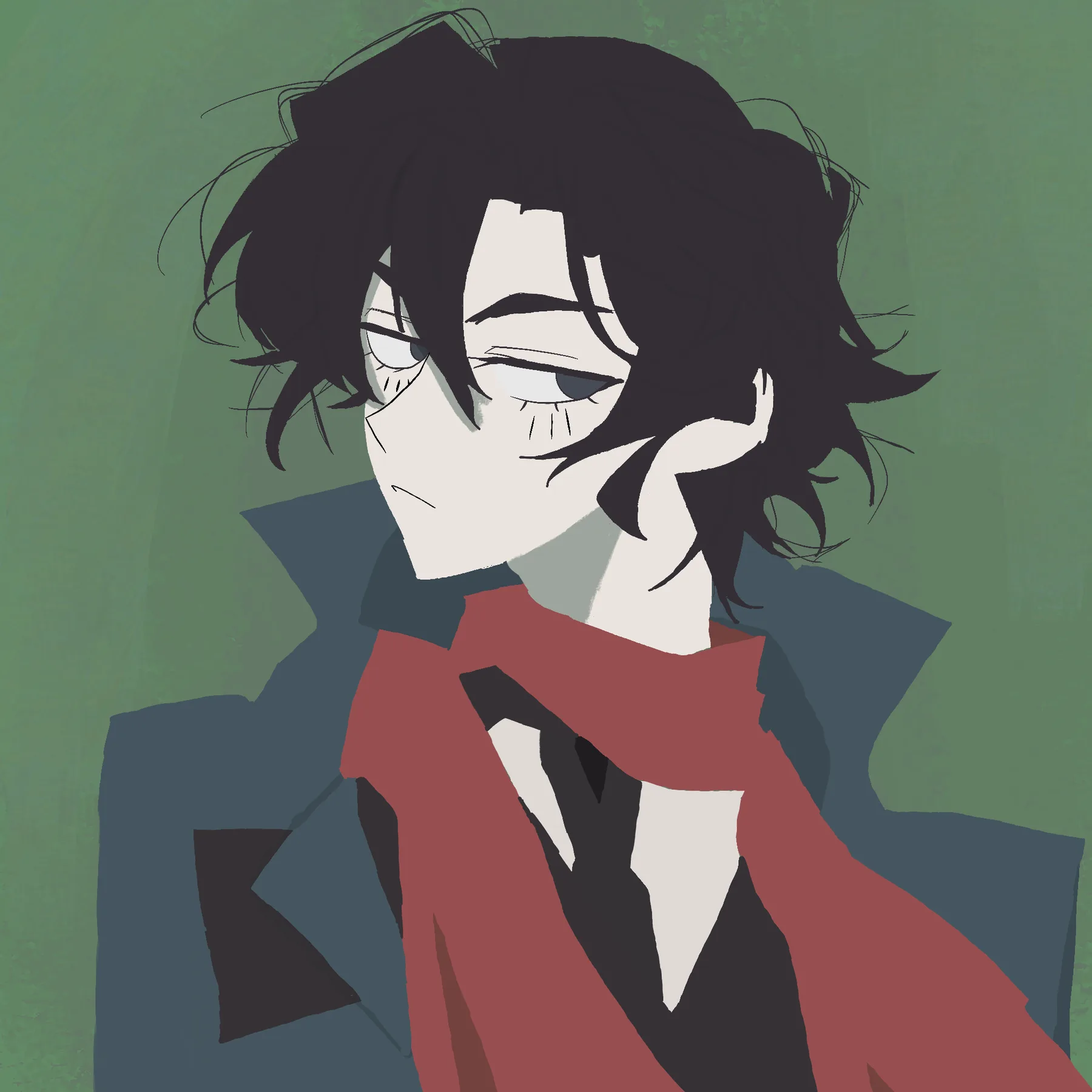 Digital illustration of a character with messy black hair, pale skin, and a distant expression looking to the side. They wear a dark blue-gray coat with a popped collar, a red scarf draped around their neck, and a black necktie against a textured green background.