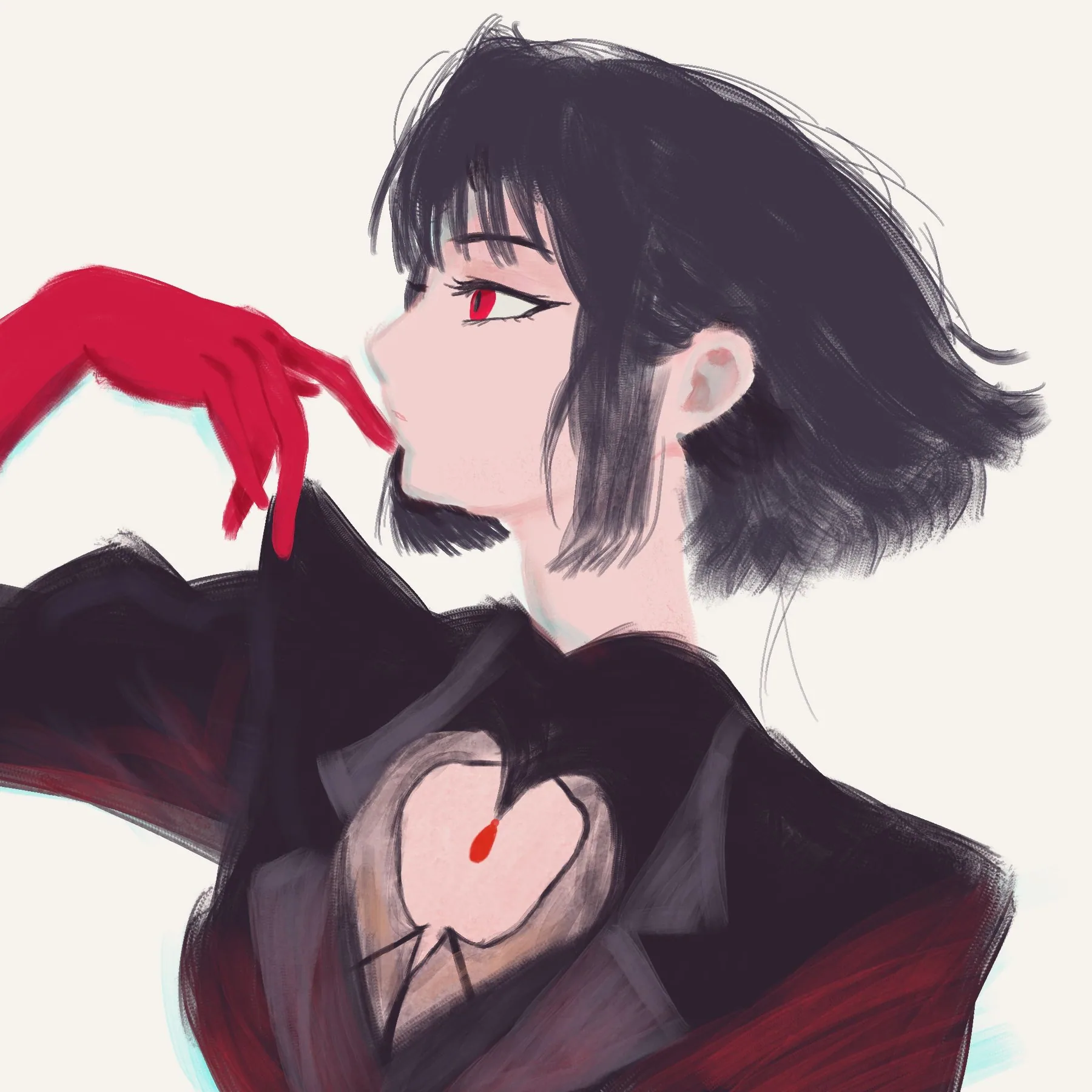 Profile of a woman with a black bob and a red eye, in a dark high-collared coat, with a red-gloved hand reaching toward her face.