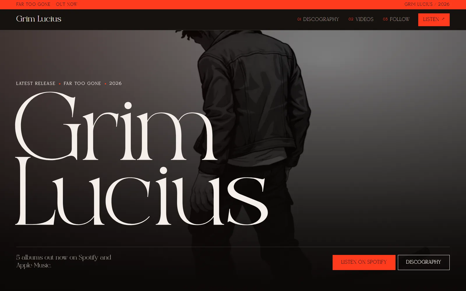 The Grim Lucius homepage: the name set large in a white serif over a dark illustration of a figure in a leather jacket, with a red banner across the top and buttons for Spotify and the discography.