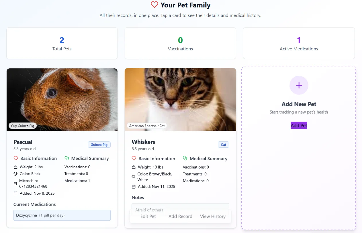 The PetChart dashboard: summary counts for pets, vaccinations and medications above cards for a guinea pig and a cat, each showing weight, color and current medication.