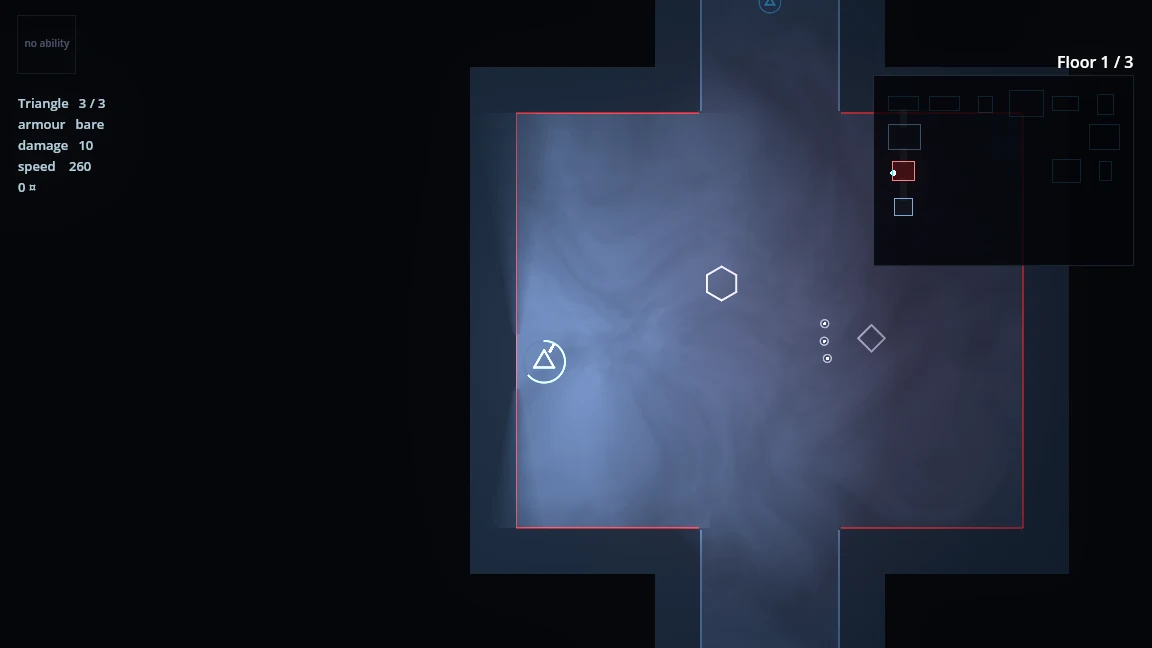 Shapes in play: a white triangle and a hexagon outlined on a dim blue arena floor, with the player's sides, armor, damage and speed listed in the top left and a minimap top right.